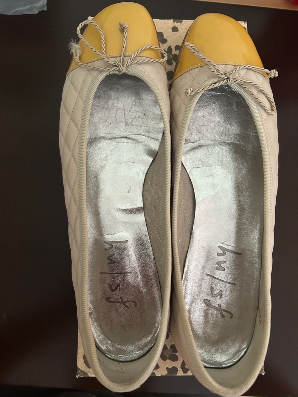 French Sole Quilted Beige Ballet Flats with Yellow Toe Caps